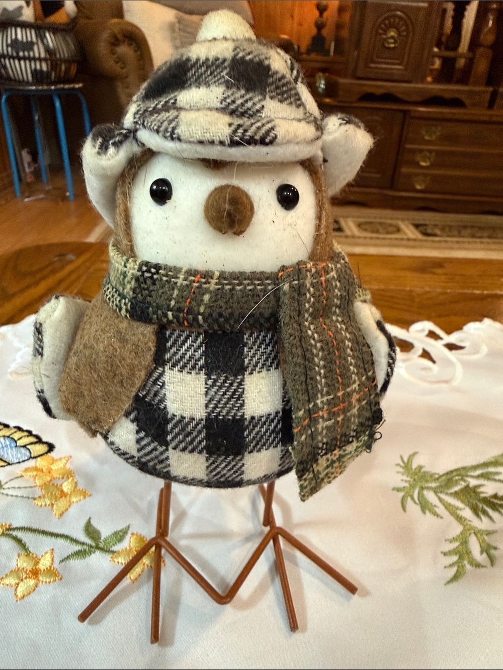 Plaid Winter Bird Figurine with Green Scarf - Holiday Table Decor